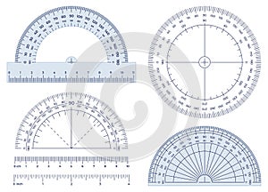 Protractor. Angles measuring tool, round 360 protractors scale and 180 degrees measure vector illustration set photo