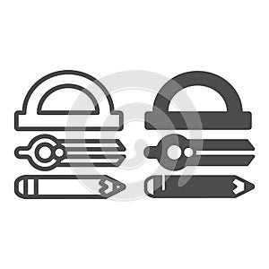 Protractor, drawing compass and pencil line and solid icon, stationery concept, drafting tool vector sign on white