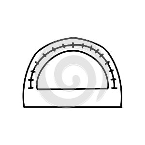 Protractor on an isolated white background. Black hand draw outline. Back to school, office. Vector illustration