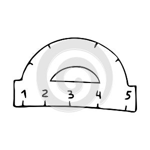 Protractor ruler tool drawing in doodle style. Vector illustration. The only item back to school set. Design for