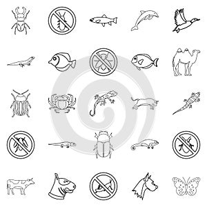 Proud animal icons set, outline style