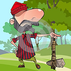 Proud cartoon angry lumberjack with a stone axe