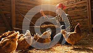 Proud chicken farmer woman guarding her hens in a henhouse