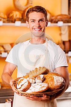 Proud of his baked goods.