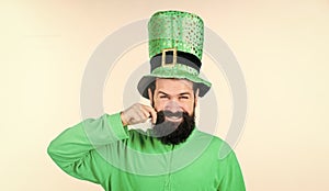 Proud of his handlebar mustache. Irish man with beard wearing green. Happy saint patricks day. Bearded man celebrating