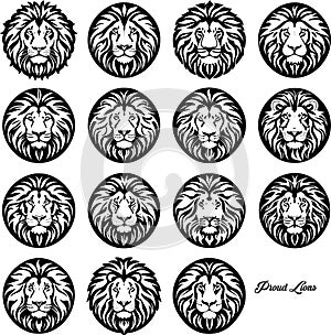 Proud lion faces black and white illustration 