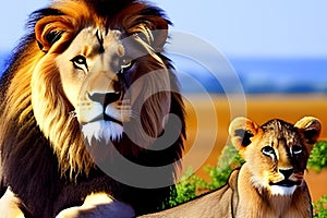 proud lion and his cub are happy together in african landscape. Generative AI