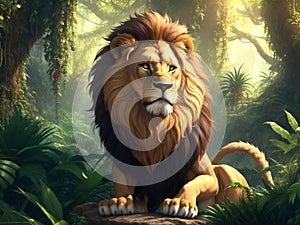 Proud lion in jungle, big head lion
