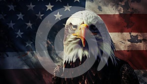 Proud and majestic american bald eagle perched on a weathered and distressed grunge american flag