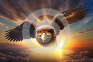 Proud majestic eagle wearing aviators, flying through the sky