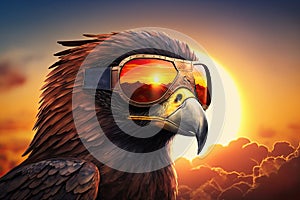 Proud majestic eagle wearing aviators during stunning sunset