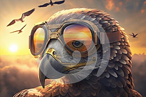 Proud majestic eagle wearing aviators during stunning sunset