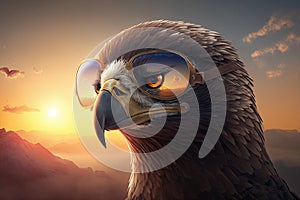 Proud majestic eagle wearing aviators during stunning sunset