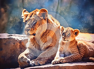 This proud male aftican lion is cuddled by his cub during an affectionate moment. Created with Generative AI technology.