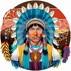 Proud Native American Chief Powerful Portrait with Dream Catchers and Mountains on Background Vector Logo Illustration