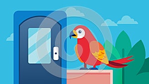 A proud parrot perched on top of an electronic pet door waiting for its owner to activate the sensor.. Vector photo