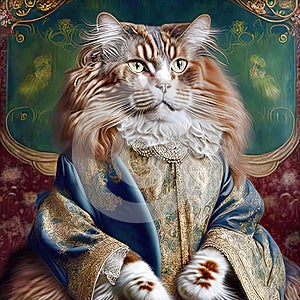 A proud and regal anthropomorphic Persian cat in luxurious clothes