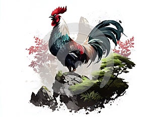 The proud rooster, one of 12 chinese zodiac animal, painted in the way of chinese style.