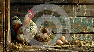 Proud Rooster in a Rustic Barn Next to a Hen& x27;s Nest with Eggs. Simplistic Rural Life Photography Capturing Livestock