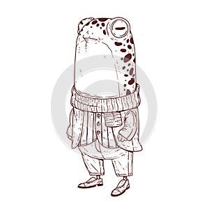 A proud stylish frog, outline vector illustration. Sketch-drawn mannered anthropomorphic frog