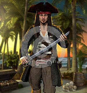 Proud swashbuckling pirate holding a sword