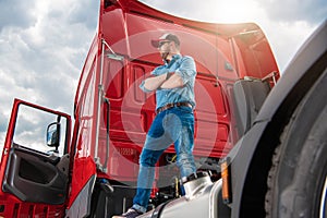 Proud Trucker and His Brand New Semi Truck Tractor