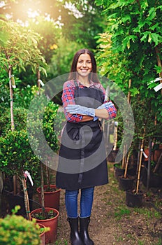 Proud young nursery owner standing in a greenhouse