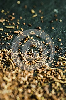 Provencal spices mix closeup on luxury stone background as flat lay, dry food spices and recipe ingredient