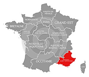 Provence - Alpes - Cote d`Azur red highlighted in map of France