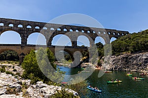 PROVENCE, FRANCE - JUNE 18, 2018: Pont du Gard (bridge across Gard) ancient Roman aqueduct across Gardon River in Provence, Franc