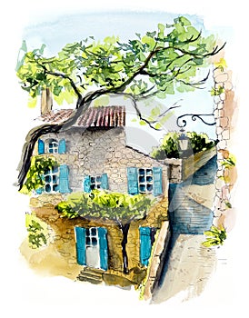 Provence. Hand drawing illustration. Black pen and watercolor