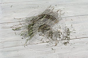 Provence herbs top view lavender on garay wooden table photo