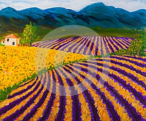 Provence lavender and sunflower fields, oil painting