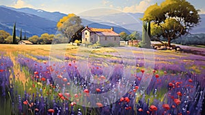 Provence Morning: A Charming Painting Of A Lavender Grove With A House