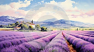 Provence Morning: A Charming Watercolor Painting Of A Lavender Field