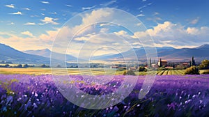 Provence Morning: Lavender Landscape Wallpaper In Anime Art Style