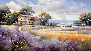 Provence Morning: A Romantic Watercolor Painting Of A Lavender Field
