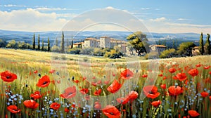 Provence Morning: A Spectacular Oil Painting Of A Poppy Field And Village