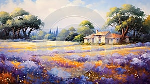 Provence Morning: A Stunning Realistic Landscape Painting Of A House In A Field Of Flowers