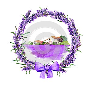 Provence rural cottage in lavender wreath watercolor illustration