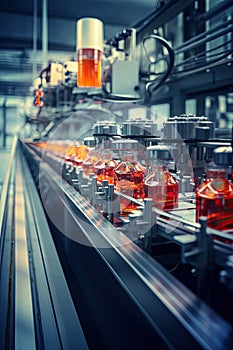 Provensional Industrial line for bottling and packaging of cosmetics. Bottles with perfumes, lotions, skin care products