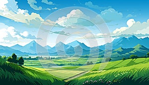 Proverb grass is greener on the other side. Editorial illustration of lush farm fields and mountains. photo