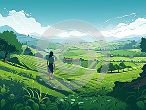 Proverb you reap what you sow. . Illustration of a woman overlooking a lush green farm land. Business concept for success