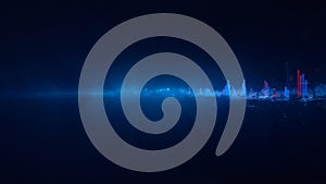 Blue cityscape on dark background.