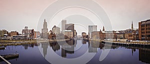 Providence City Skyline and Reflections over the River Pedestrian and Bicycle Bridge