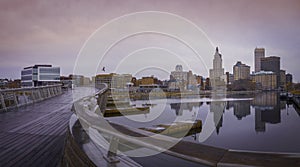 Providence Cityscape and Skyline at Twilight over the Pedestrian Park Boardwalk