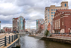 Providence, Rhode Island. Scenic view of a beautiful modern downtown and Providence river.