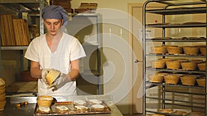 Proving dough of bran in basket. Private Bakery. Production bread.