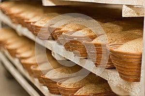 Proving dough of bran in basket. Private Bakery