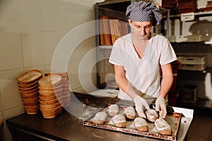 Proving dough of bran in basket. Private Bakery. Production bread.